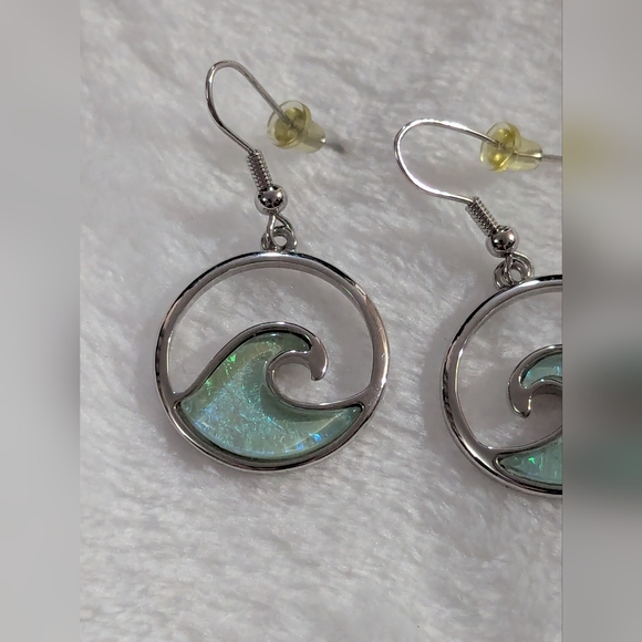 Silver Hawaii Ocean Wave Earrings with Blue Accents 1.5 Inches - Picture 2 of 3